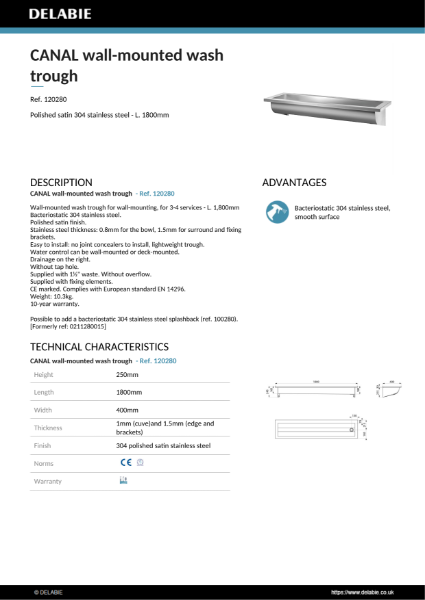 CANAL wall-mounted wash trough 1800 mm Product Data Sheet - 120280