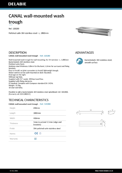 CANAL Trough L. 1,400mm Data Sheet - 120280