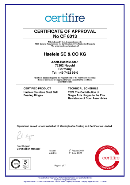 CERTIFICATE OF APPROVAL No CF 6013