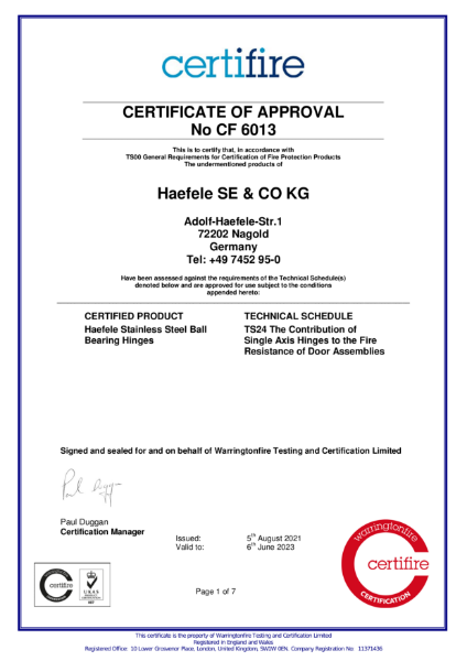 CERTIFICATE OF APPROVAL No CF 6013 | Hafele UK Ltd | NBS Source