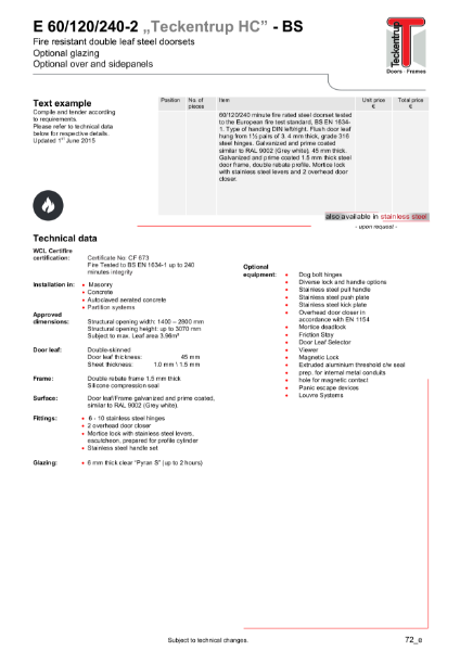 Fire Protection Door E60/120/240-2 "HC"-BS (Technical Data)