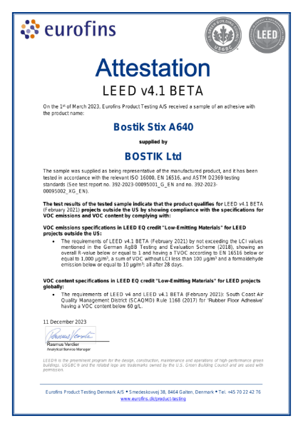 Bostik Stix A640 Pressure Sensitive - LEED Attestation