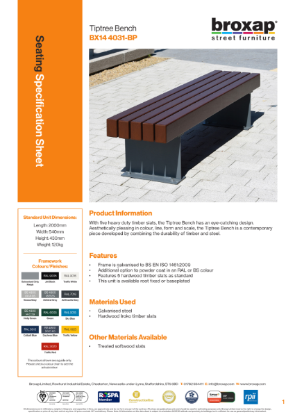 Tiptree Bench Specification Sheet