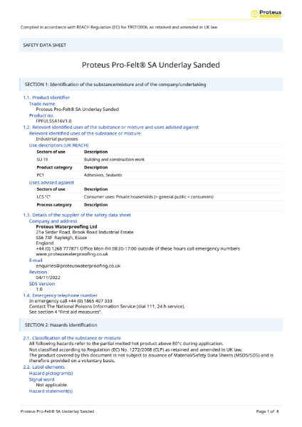 Material Safety Data Sheet - Proteus Pro-Felt® SA Underlay Sanded