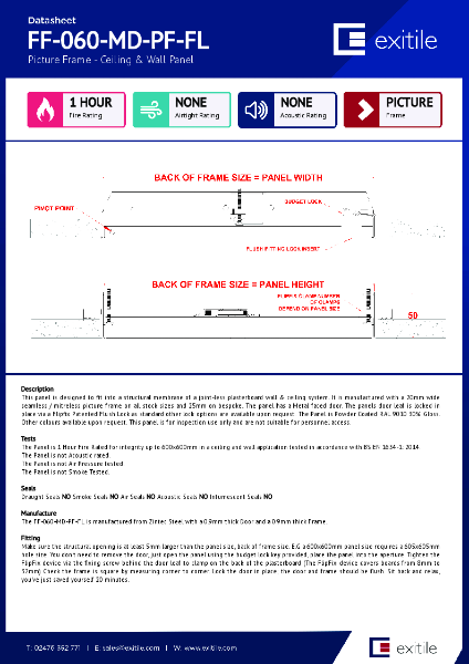 FlipFix 1Hour Metal Faced Picture Frame Data Sheet