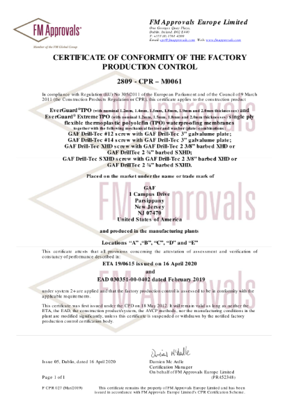 CERTIFICATE OF CONFORMITY OF THE FACTORY PRODUCTION CONTROL