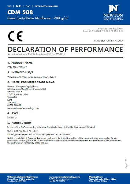 CDM 508 700g/m2 Membrane Declaration Of Performance