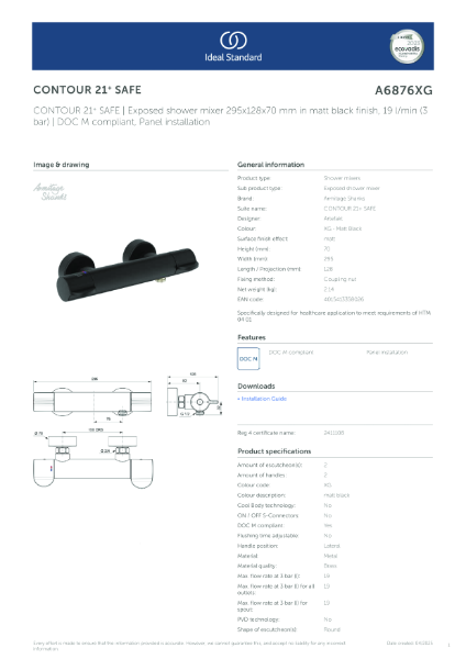 Contour 21+ Thermostatic Exposed Shower Valve - Data Sheet