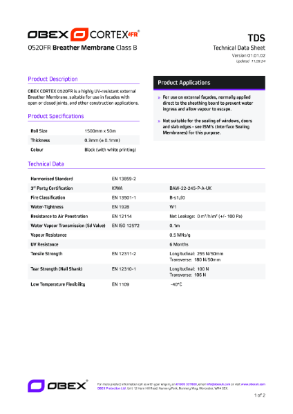 OBEX CORTEX 0520FR, Class B, W1, Breather Membrane - TDS