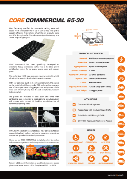 CORE COMMERCIAL 65 30 Gravel Stabiliser Specification Sheet