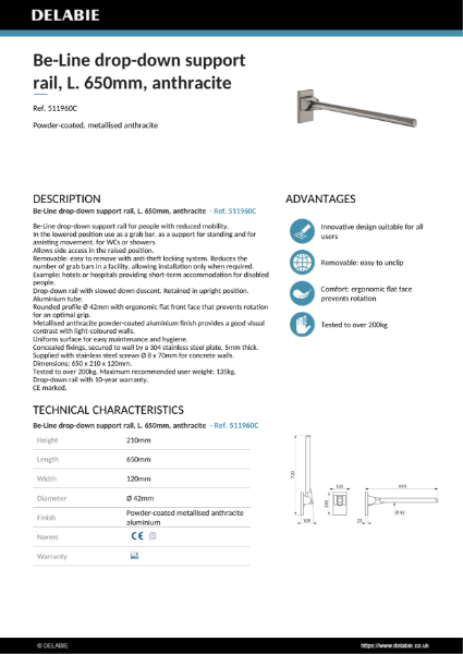 Be-Line Drop-Down Grab Bar - 650 mm - Metallised Anthracite Product Data Sheet