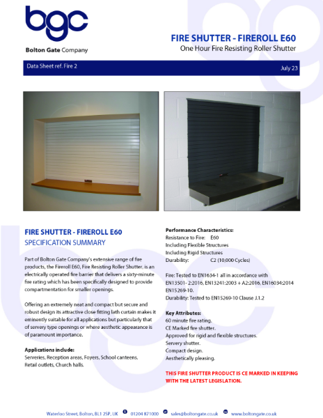 Fire Shutter - Fireroll E60 - One Hour Fire Resisting Roller Shutter