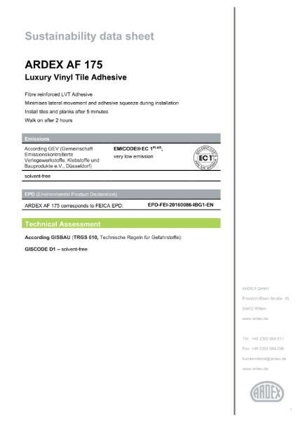 ARDEX AF 175 Sustainability Data Sheet