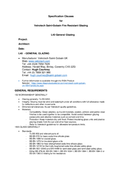 NBS Sample specification - Contraflam / Pyroswiss / Vetroflam in bespoke Glazed Screen/ Door clause