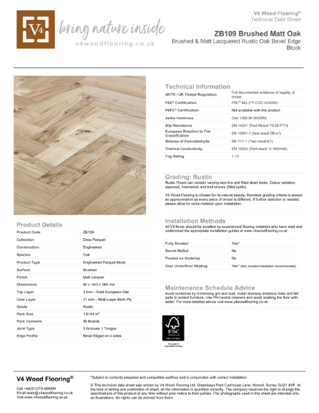 ZB109 Brushed Matt Oak I Technical Datasheet