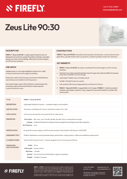 ZEUS Lite 90:30 Fire Barrier - Data Sheet