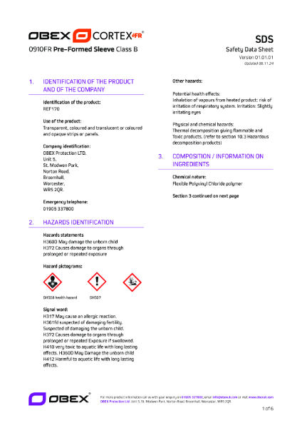 OBEX CORTEX 0910FR Class B Pre-Formed Sleeve SDS_01.01.01