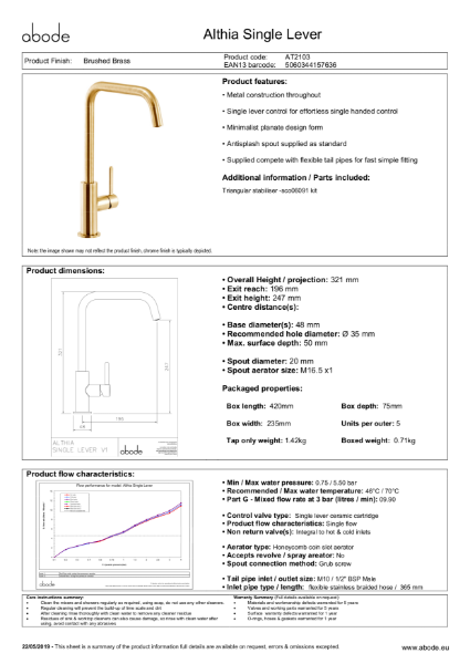 Althia Single Lever Brushed Brass Consumer Specification
