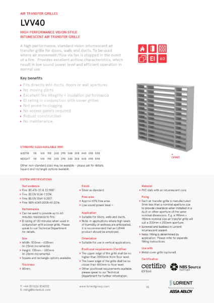 Lorient Air Transfer Grille Datasheets