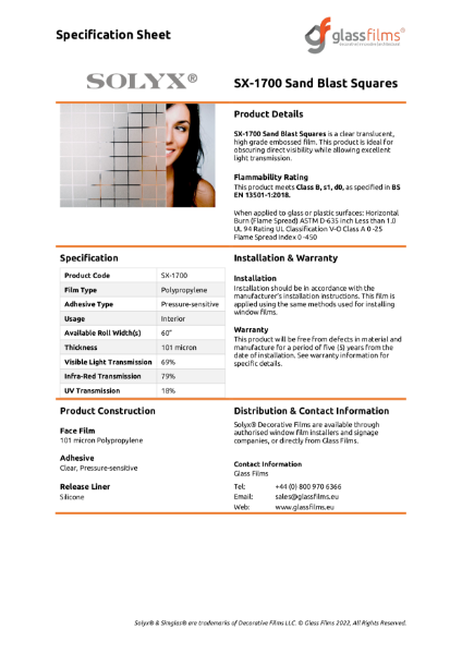 SX-1700 Sand Blast Squares Specification Sheet