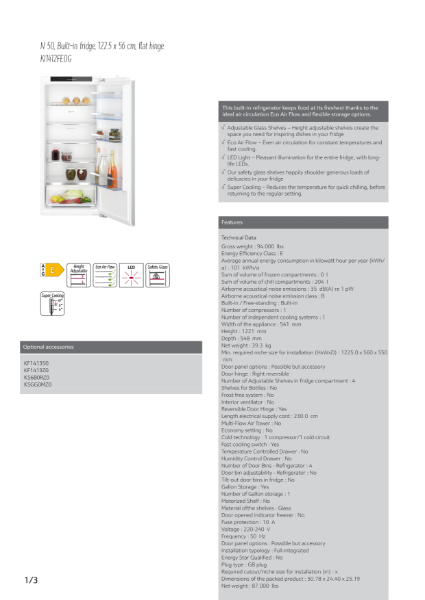 N 50, Built-in fridge, 122.5 x 56 cm, flat hinge
KI1412FE0G