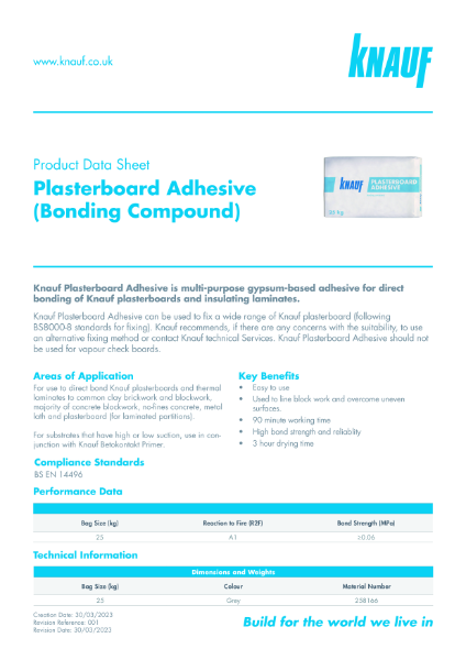 Knauf Plasterboard Adhesive Bonding Compound Product Data Sheet