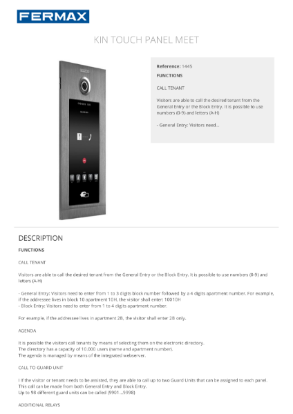 KIN - IP Touch Screen Door Entry Panel Data Sheet