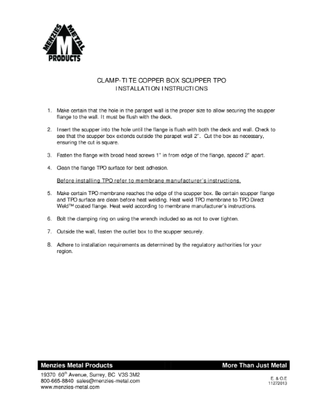 INSTALLATION INSTRUCTIONS - CLAMP-TITE COPPER BOX SCUPPER - TPO