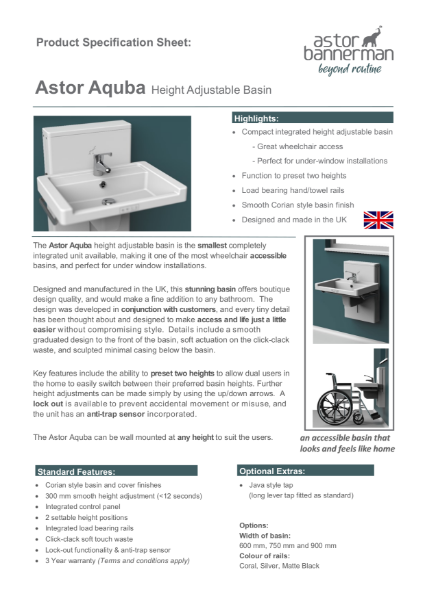 Astor Aquba Height Adjustable Washbasin Spec Sheet