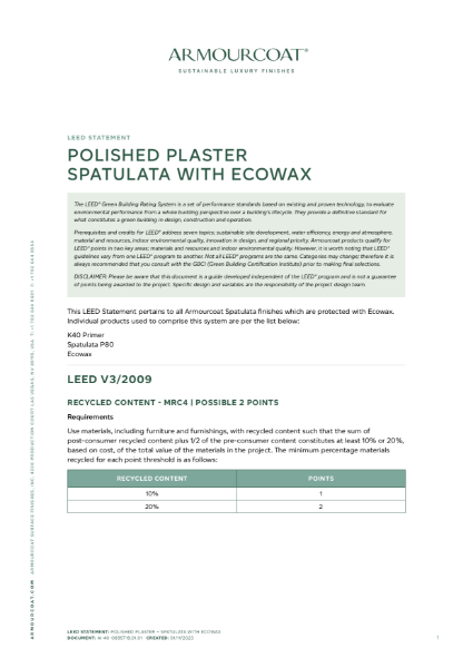 Armourcoat Polished Plaster Spatulata - LEED Statement