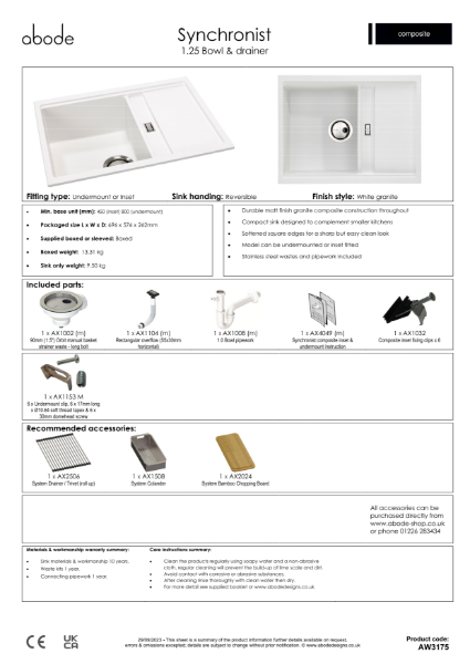 Synchronist Sink Compact. 1.25 Bowl with Drainer. Matt White. Specification Sheet.