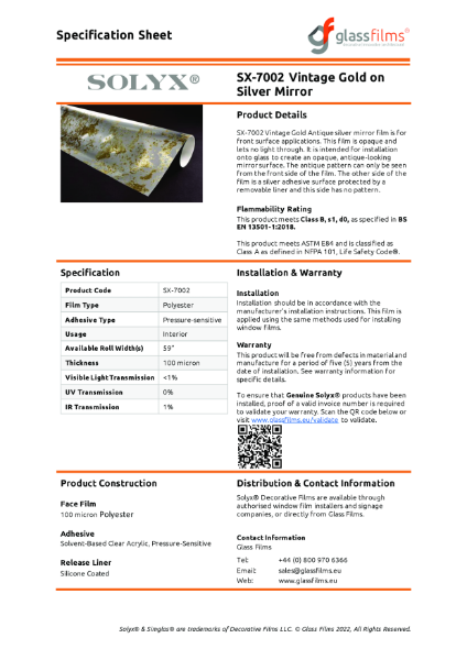 SX-7002 Vintage Gold on Silver Mirror Specification Sheet