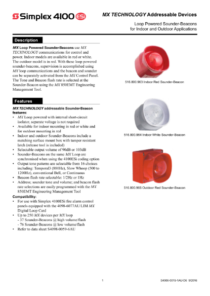 516.800.965 LPAV865 Loop Powered Symphoni Addressable Sounder Beacon IP65 Red Body Red Flash VID