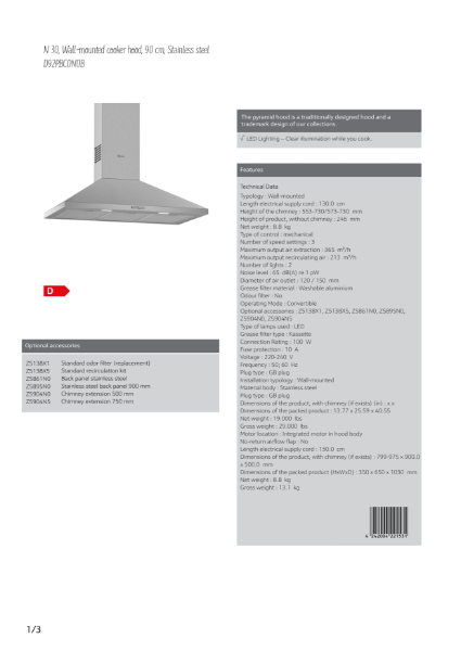 N 30, Wall-mounted cooker hood, 90 cm, Stainless steel
D92PBC0N0B