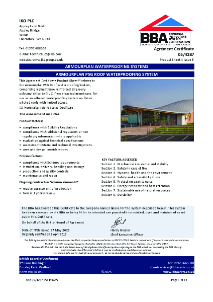 BBA Certificate - IKO Armourplan PSG