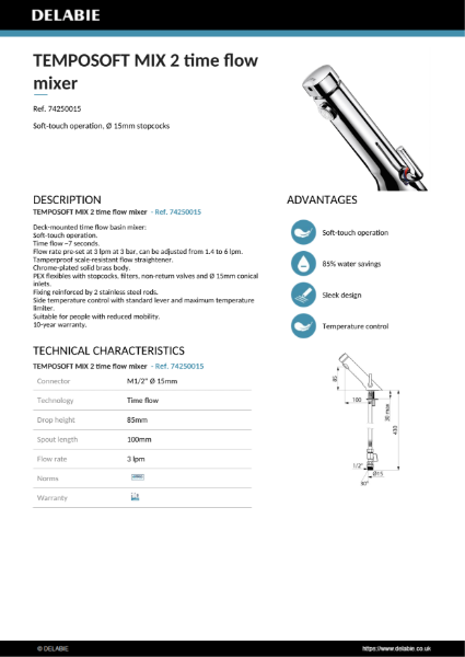 TEMPOSOFT 2 Deck-Mounted Tap Product Data Sheet - 74250015