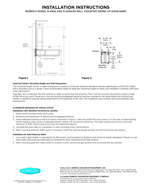 Installation Instructions - Bobrick Model B-4998 and B-4998.99 Wall Mounted Swing-Up Grab Bars