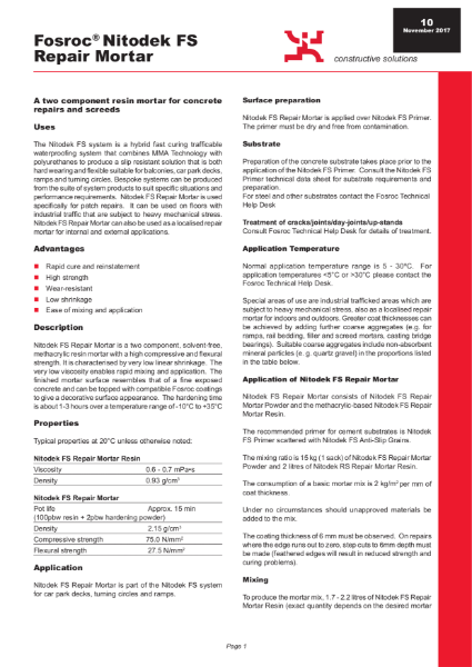 Nitodek FS Repair Mortar Technical Datasheet