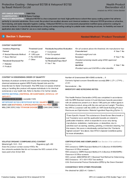 HPD - Health Product Declaration Protective Coating - Vetoproof EC722