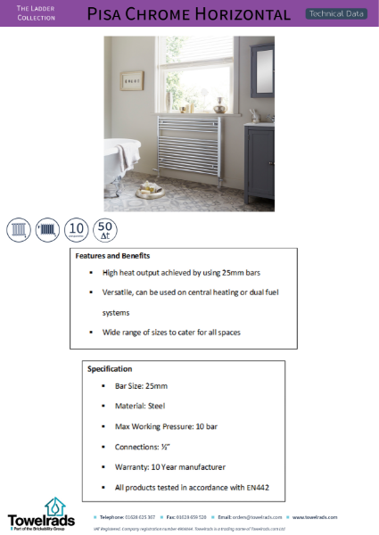 Towelrads Pisa Horizontal Towel Rail Data Sheet