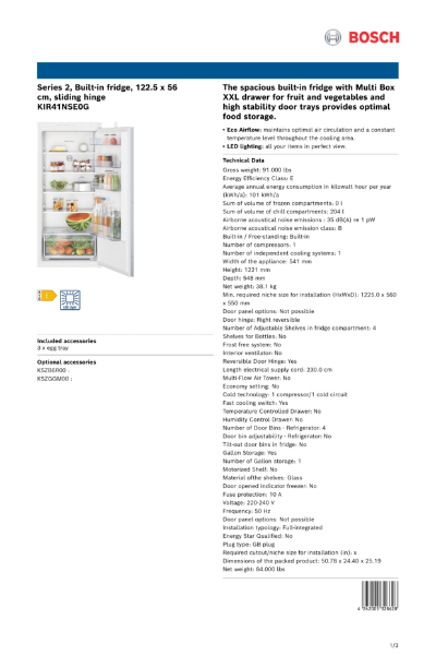 Series 2, Built-in fridge, 122.5 x 56
cm, sliding hinge
KIR41NSE0G