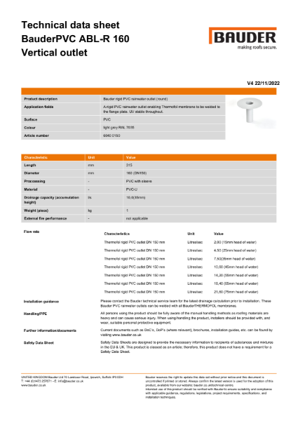 BauderPVC ABL-R 160 Vertical outlet