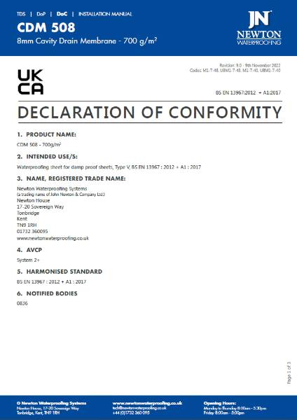 CDM 508 700g/m2 Membrane Declaration Of Conformity