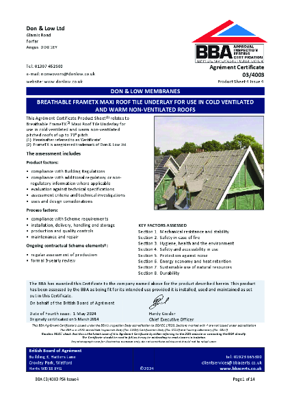 03-4003 Frame TX BBA Certificate in cold vent and warm non-vent roofs Issue 4