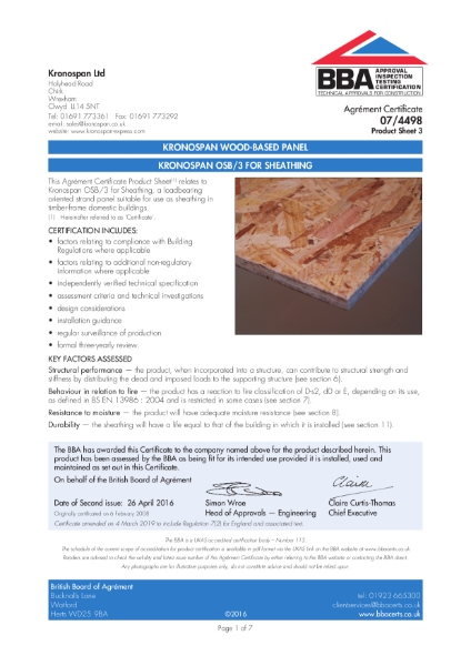 BBA Certification - OSB3 for Sheathing