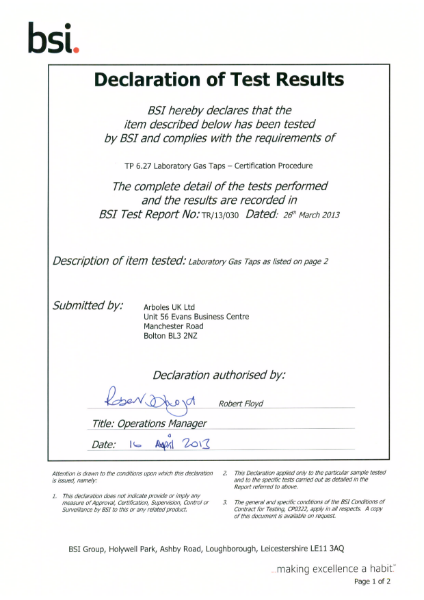 Arboles UK BSI British Gas Laboratory Gas Taps Certification Pg 1
