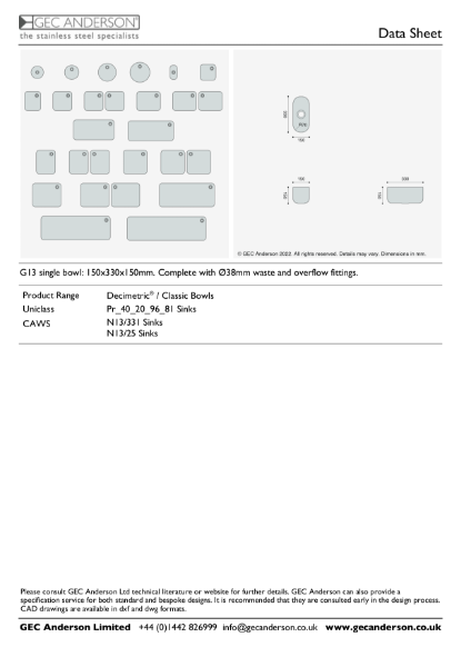 GEC Anderson Data Sheet - G13 Single Bowl