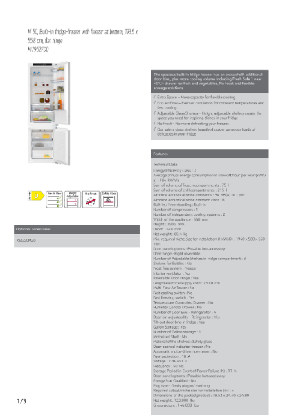 N 50, Built-in fridge-freezer with freezer at bottom, 193.5 x
55.8 cm, flat hinge KI7962FD0