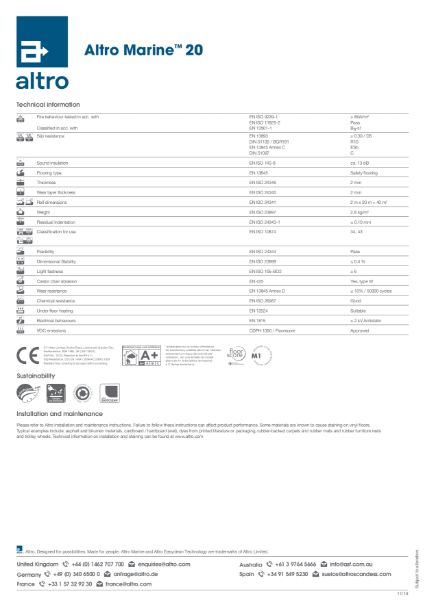 Altro Marine Technical Data Sheet