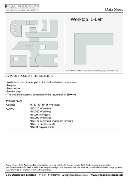 GEC Anderson Data Sheet - Worktop L-Left